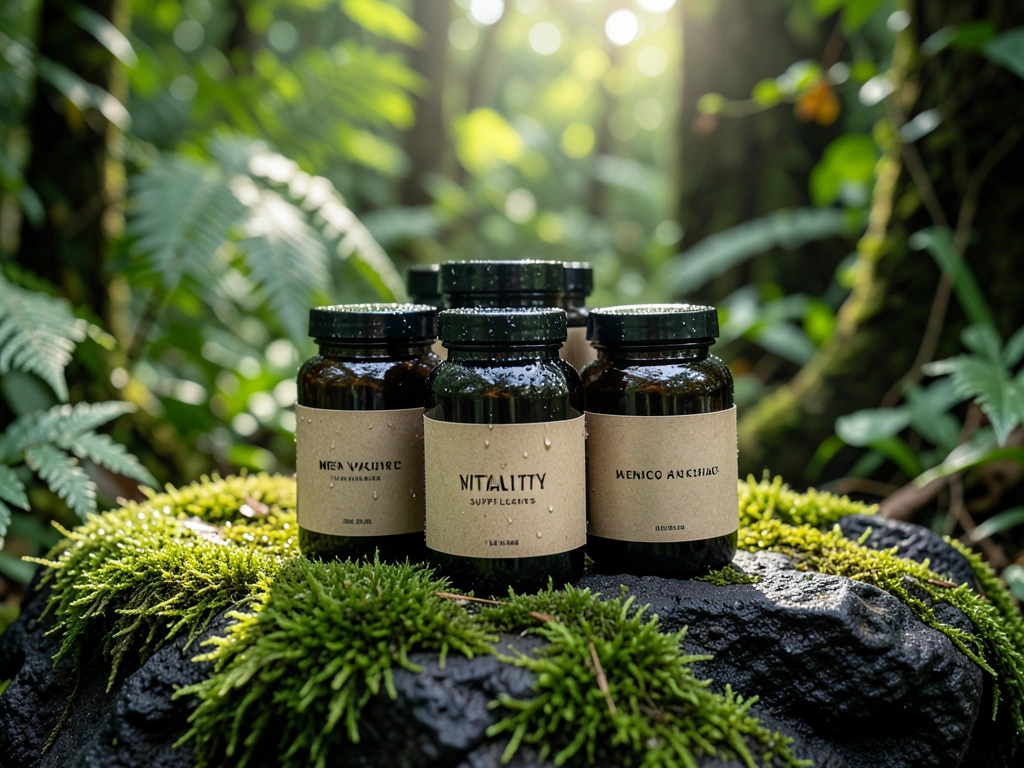 Premium botanical supplement bottle in a forest setting