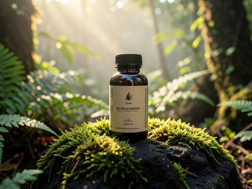 Premium botanical supplement bottle in a natural Indonesian forest setting